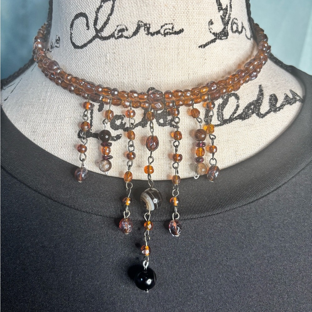 Handmade Artisan Agate & Garnet Fringe Choker Vintage Assemblage Necklace